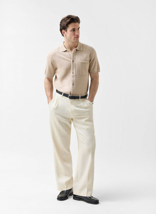 Men's Contrast Trim Knitted Shirt - Cotton - Beige | Percival