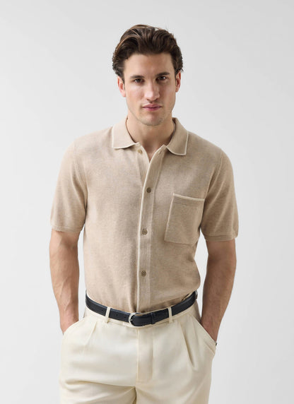 Men's Contrast Trim Knitted Shirt - Cotton - Beige | Percival