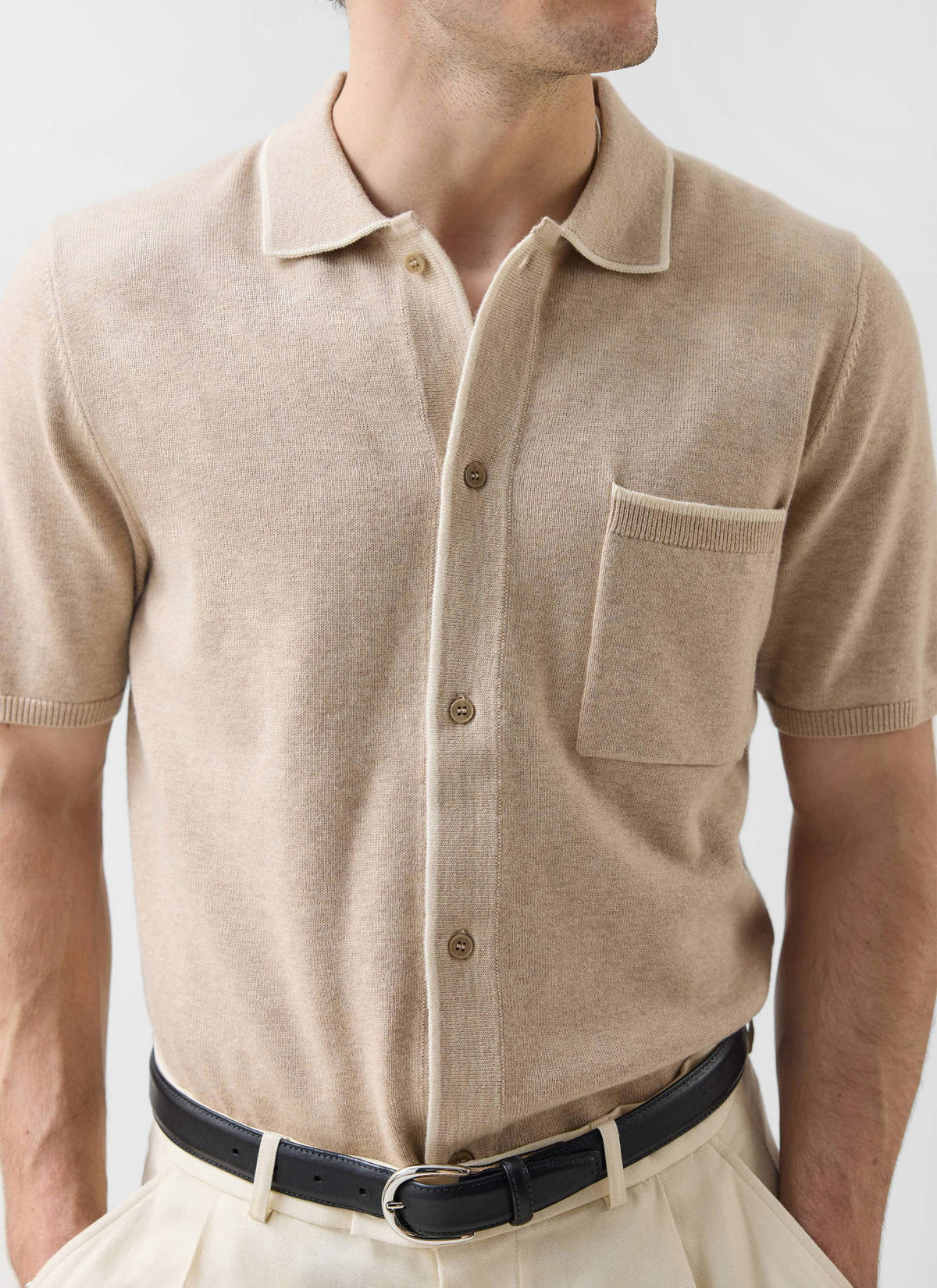 Men's Contrast Trim Knitted Shirt - Cotton - Beige | Percival