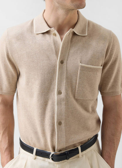 Men's Contrast Trim Knitted Shirt - Cotton - Beige | Percival
