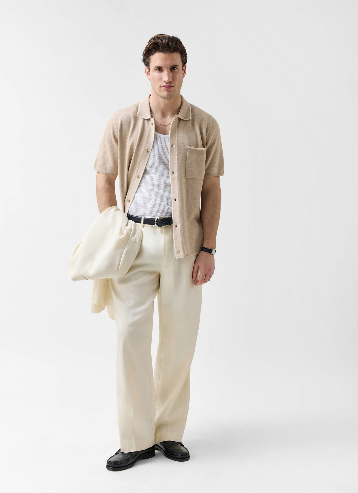 Men's Contrast Trim Knitted Shirt - Cotton - Beige | Percival