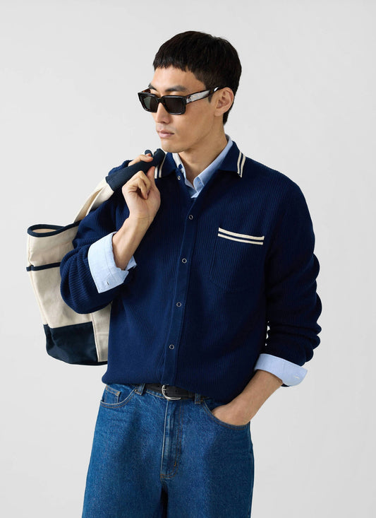 Men's Long Sleeve Knit Shirt - Pablo - Navy Blue | Percival