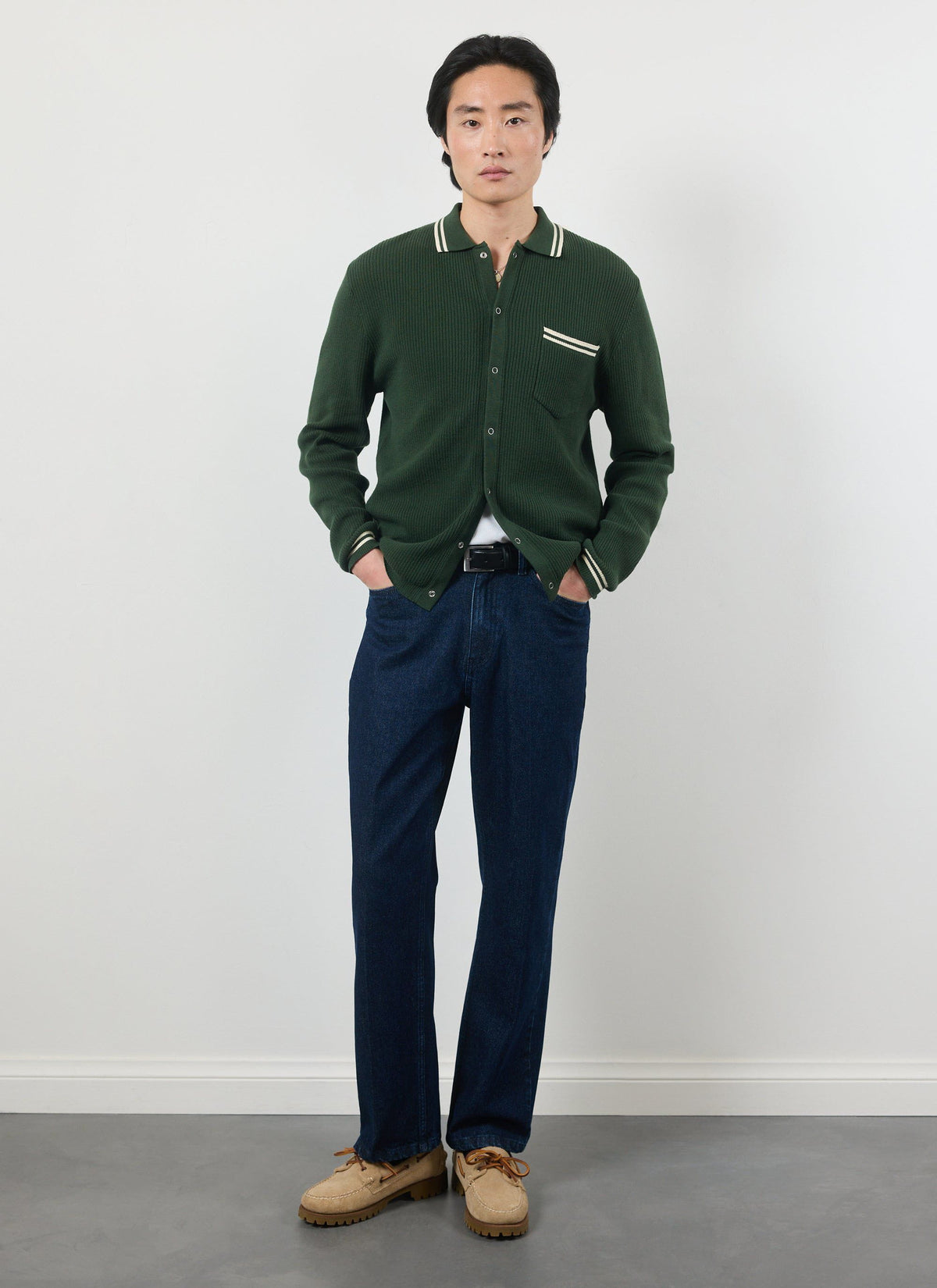 Men's Long Sleeve Knit Shirt - Pablo - Forest Green | Percival