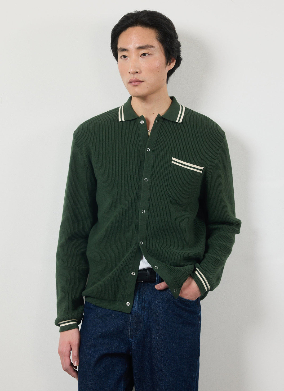 Men's Long Sleeve Knit Shirt - Pablo - Forest Green | Percival