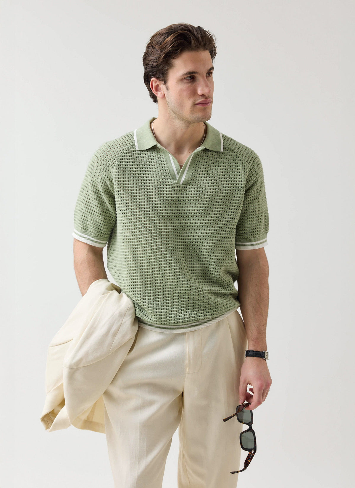 Men's Tennis Knit Polo Shirt - Cotton - Sage Green | Percival