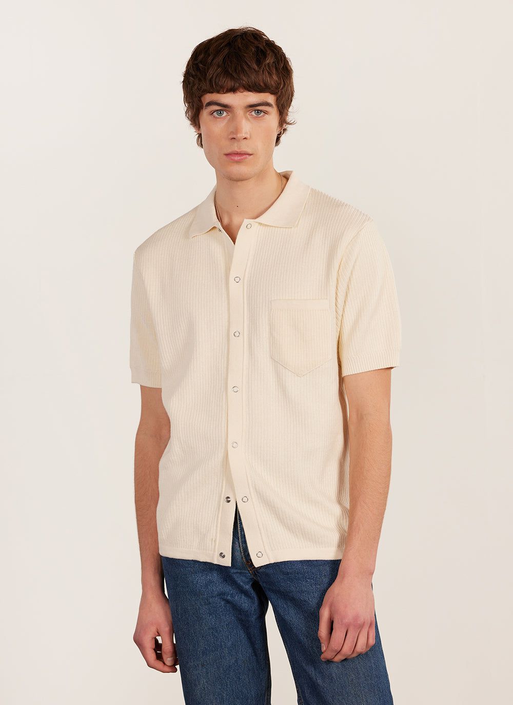 Men's Short Sleeve Knitted Shirt - Cuban Collar - Cream | Percival