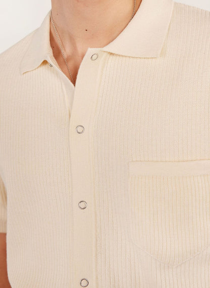 Men's Short Sleeve Knitted Shirt - Cuban Collar - Cream | Percival