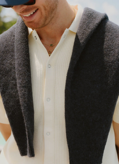 Men's Short Sleeve Knitted Shirt - Cuban Collar - Cream | Percival