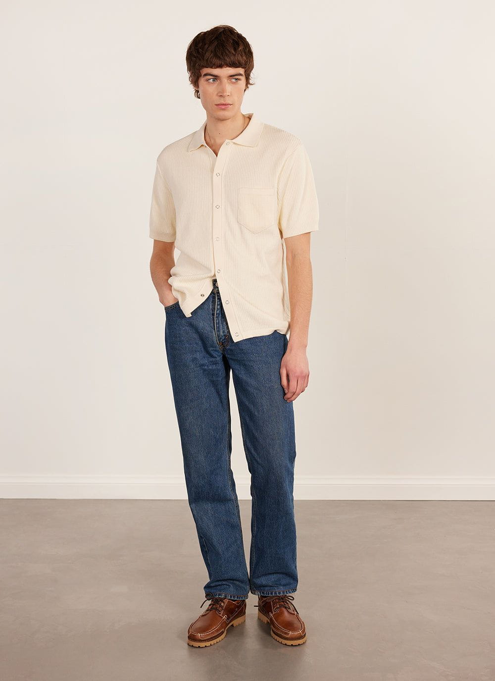 Men's Short Sleeve Knitted Shirt - Cuban Collar - Cream | Percival