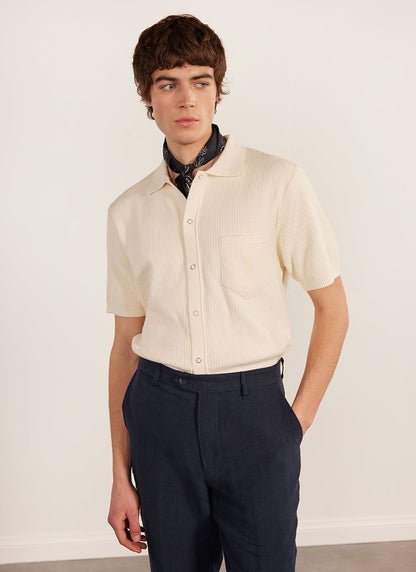 Men's Short Sleeve Knitted Shirt - Cuban Collar - Cream | Percival