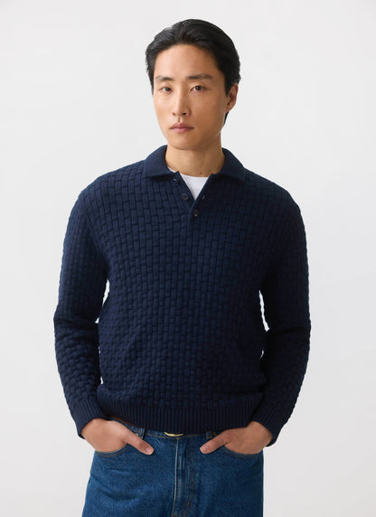 Men's Long Sleeve Knitted Polo Shirt: Archer - Cotton - Navy | Percival