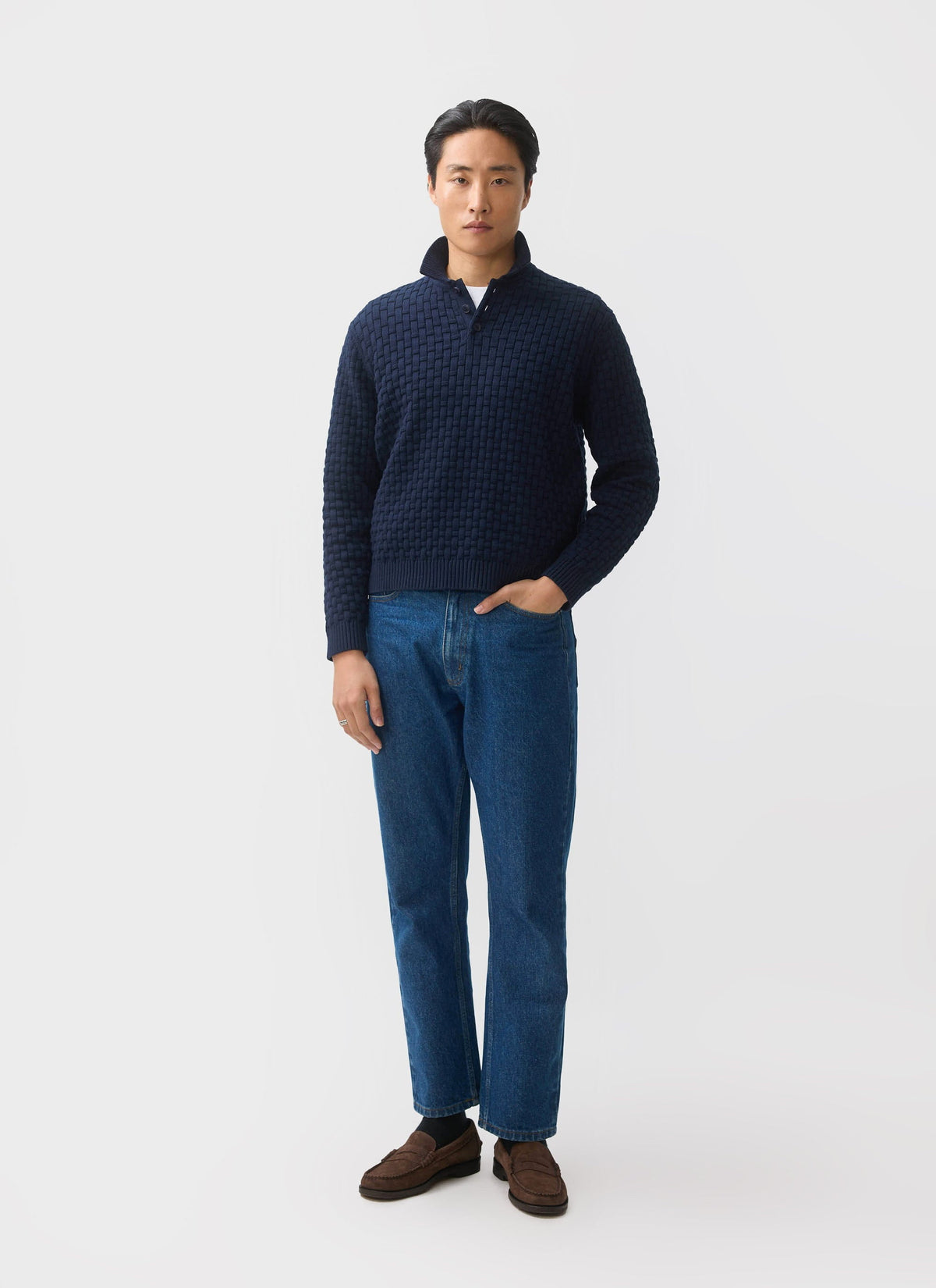 Men's Long Sleeve Knitted Polo Shirt: Archer - Cotton - Navy | Percival