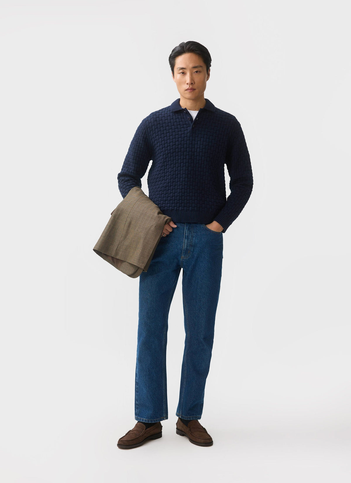 Men's Long Sleeve Knitted Polo Shirt: Archer - Cotton - Navy | Percival