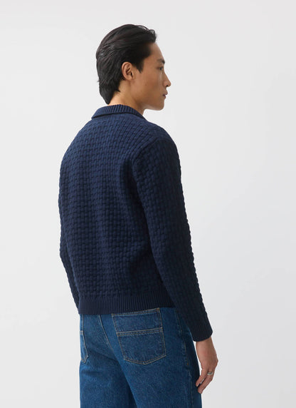 Men's Long Sleeve Knitted Polo Shirt: Archer - Cotton - Navy | Percival