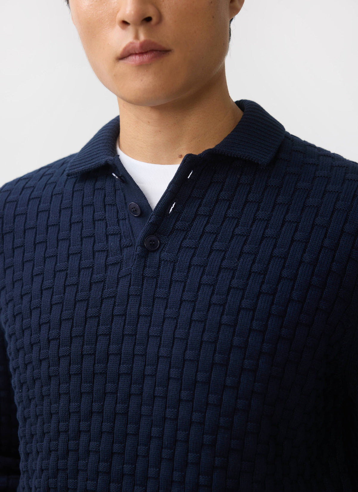 Men's Long Sleeve Knitted Polo Shirt: Archer - Cotton - Navy | Percival