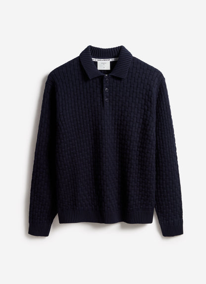 Men's Long Sleeve Knitted Polo Shirt: Archer - Cotton - Navy | Percival