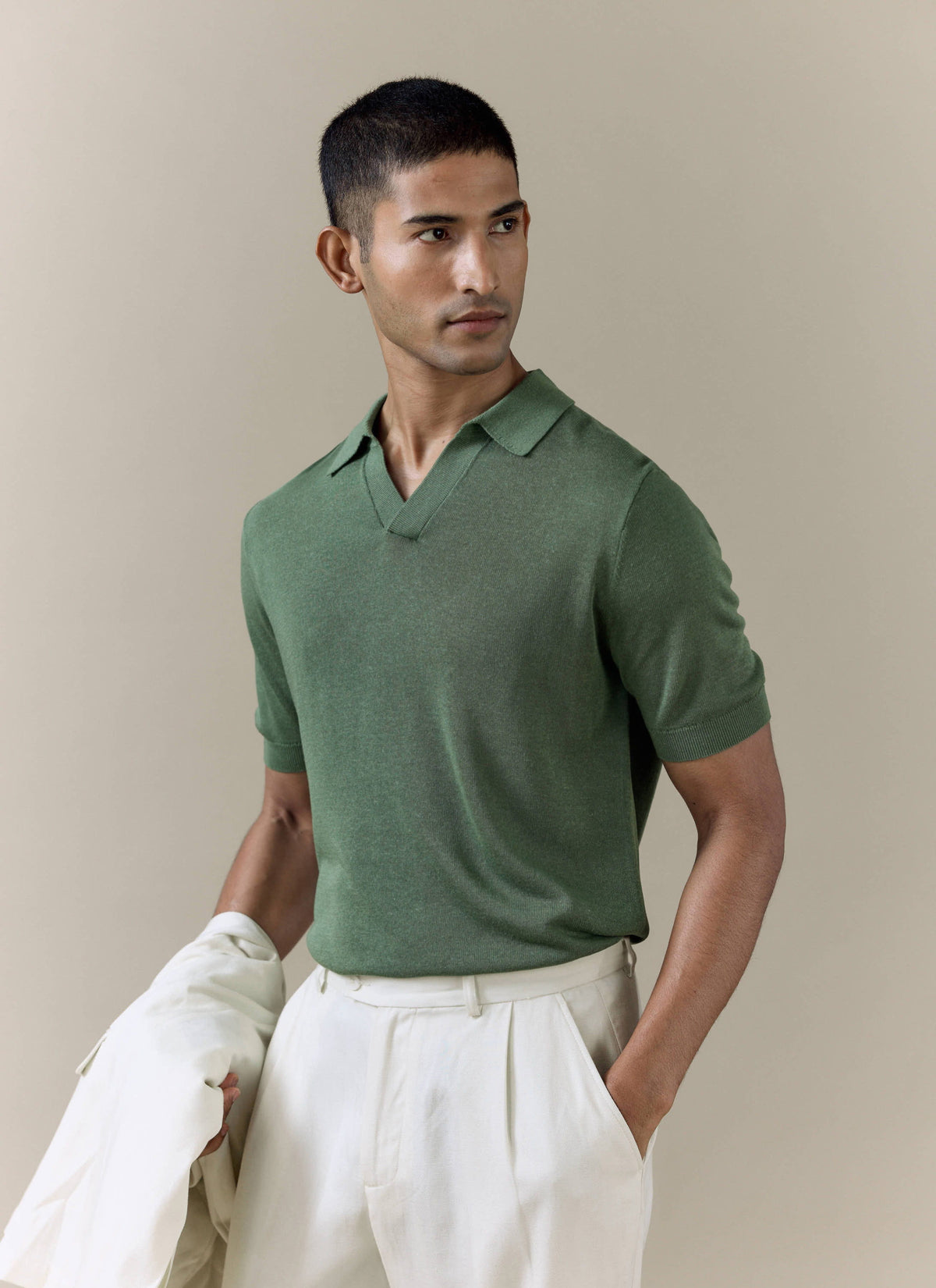 Men's Knitted Polo Shirt: Laurence - Open Collar - Forest Green | Percival
