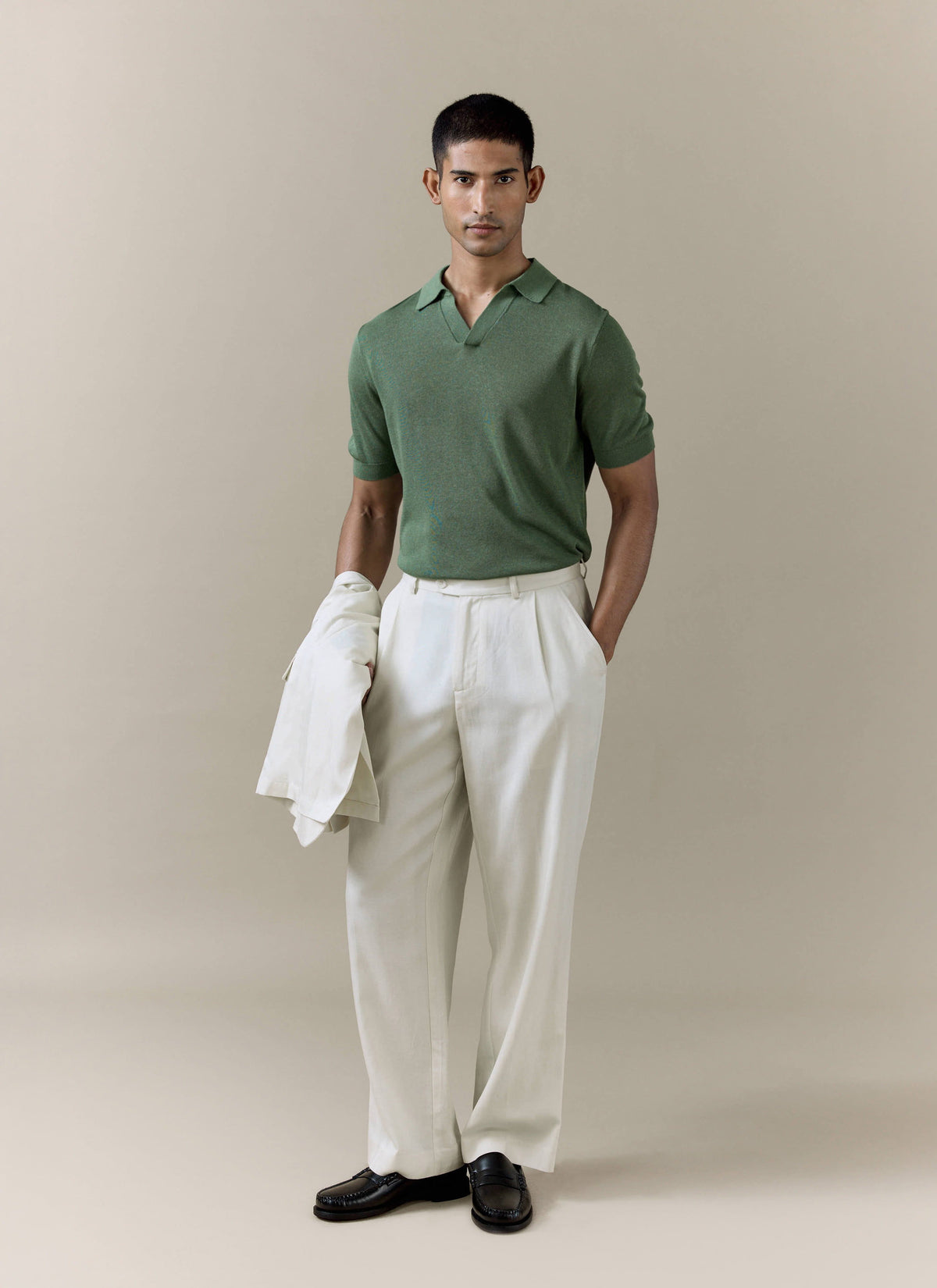 Men's Knitted Polo Shirt: Laurence - Open Collar - Forest Green | Percival