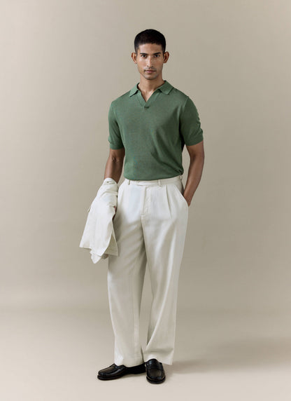 Men's Knitted Polo Shirt: Laurence - Open Collar - Forest Green | Percival