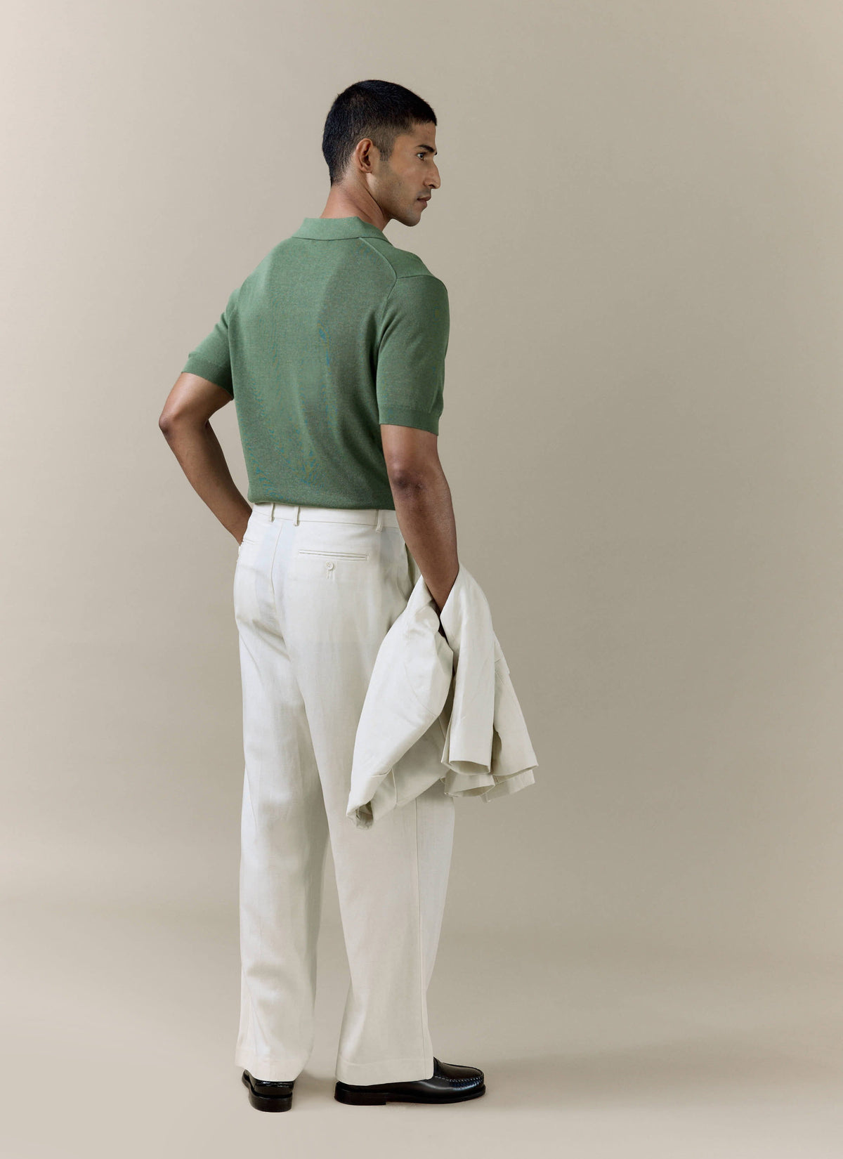 Men's Knitted Polo Shirt: Laurence - Open Collar - Forest Green | Percival