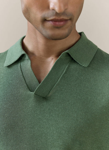 Men's Knitted Polo Shirt: Laurence - Open Collar - Forest Green | Percival