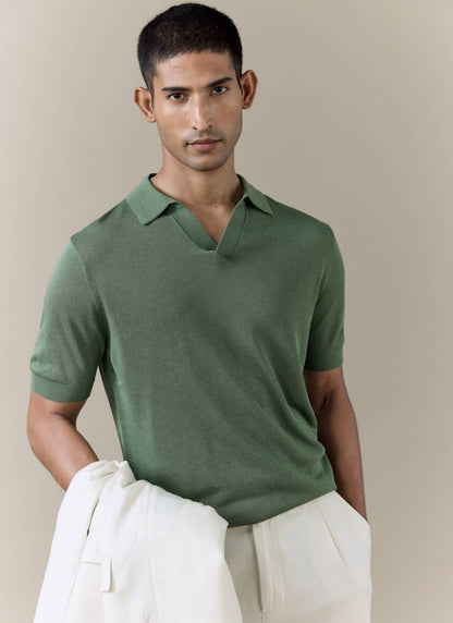 Men's Knitted Polo Shirt: Laurence - Open Collar - Forest Green | Percival