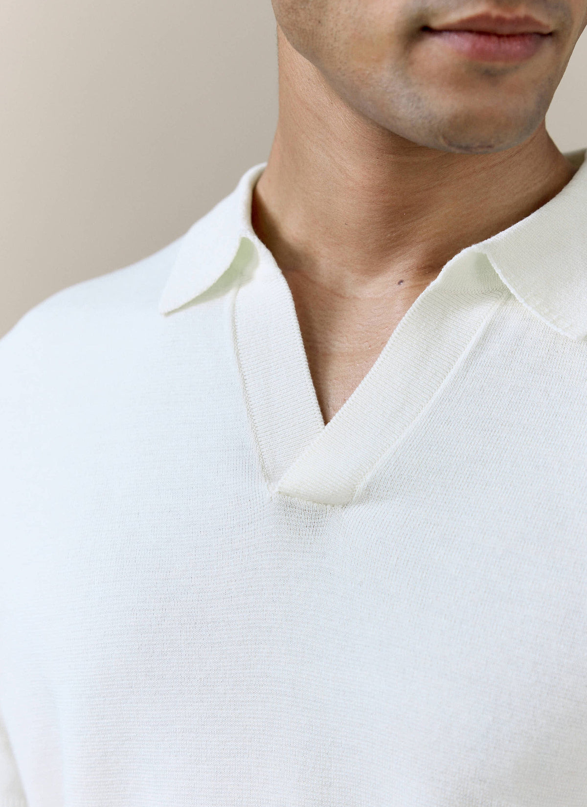 Men's Knitted Polo Shirt: Laurence - Open Collar - Cream | Percival