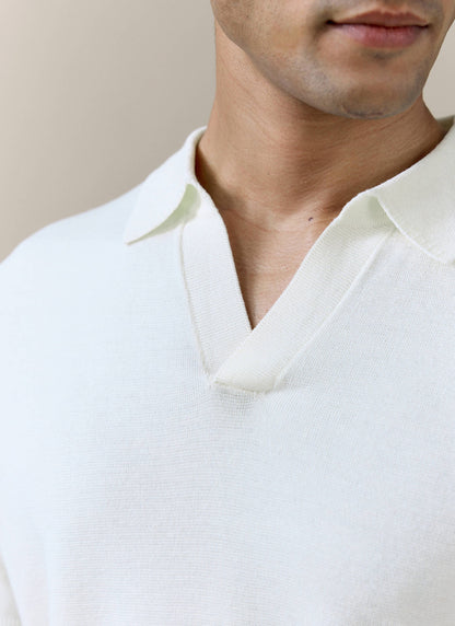 Men's Knitted Polo Shirt: Laurence - Open Collar - Cream | Percival