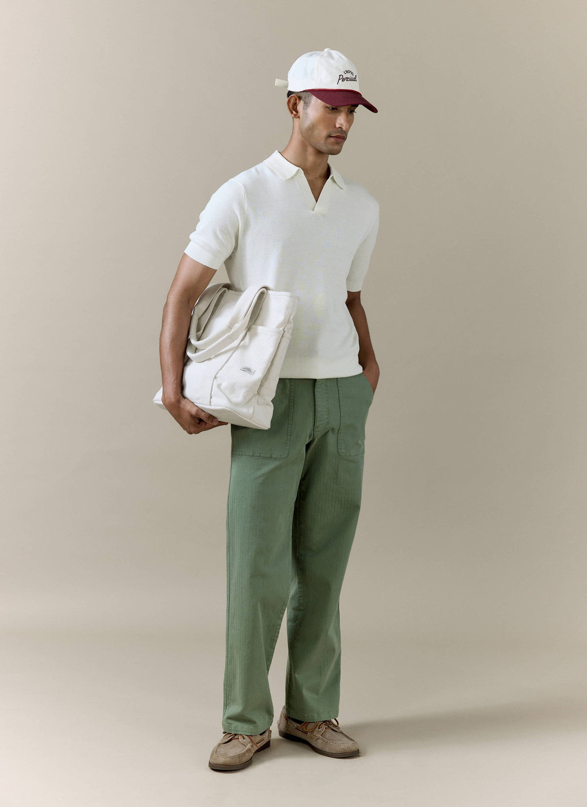 Men's Knitted Polo Shirt: Laurence - Open Collar - Cream | Percival