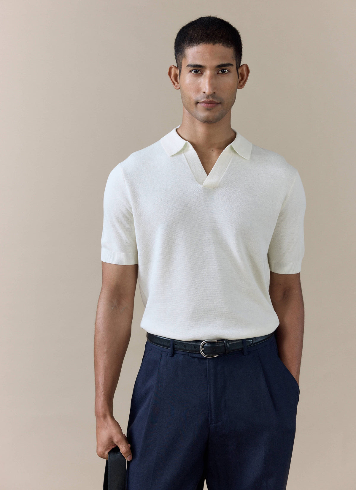 Men's Knitted Polo Shirt: Laurence - Open Collar - Cream | Percival