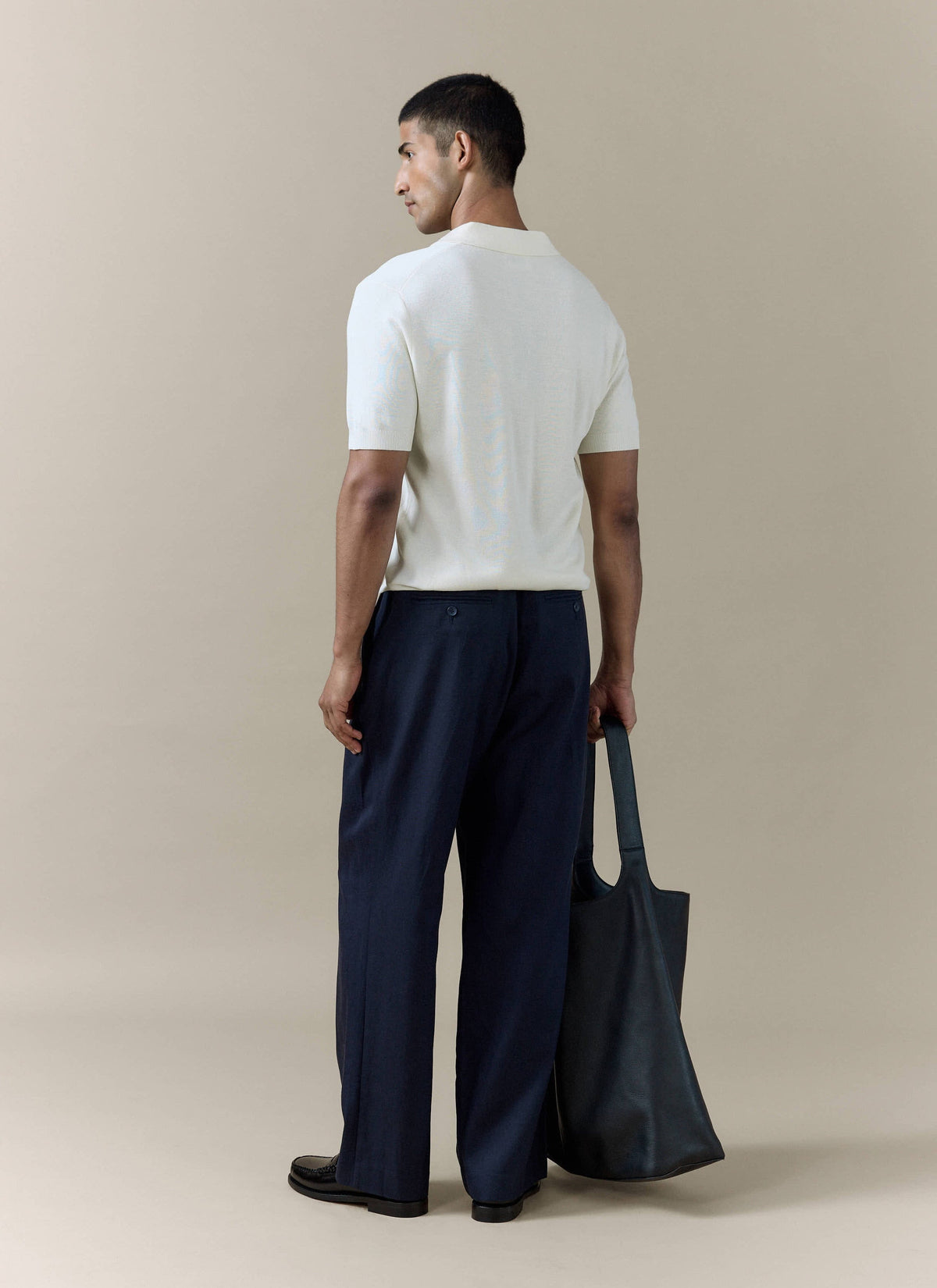 Men's Knitted Polo Shirt: Laurence - Open Collar - Cream | Percival