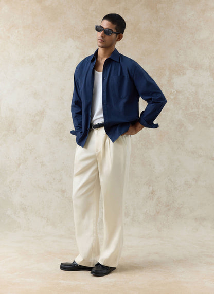 Men's Relaxed Fit Poplin Shirt: Dali - Cotton - Navy Blue | Percival