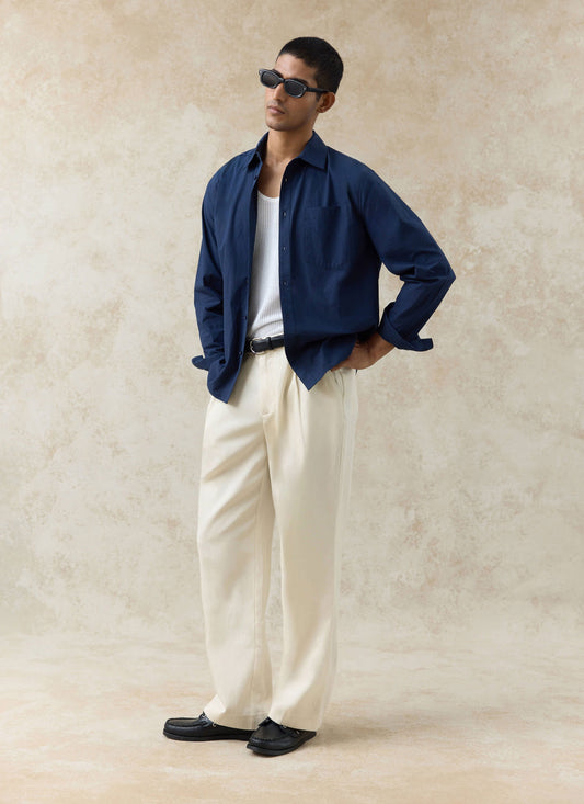 Men's Relaxed Fit Poplin Shirt: Dali - Cotton - Navy Blue | Percival