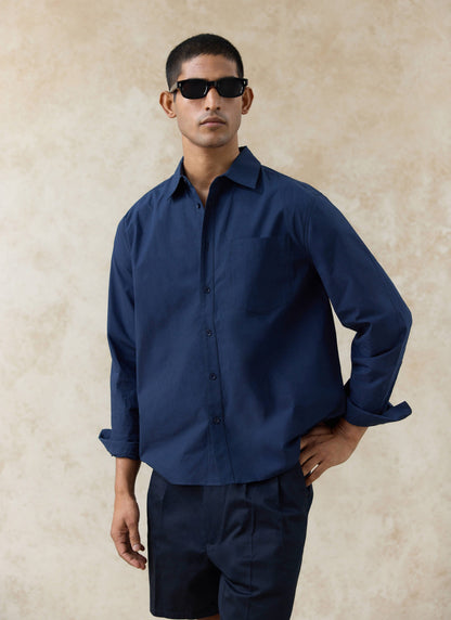 Men's Relaxed Fit Poplin Shirt: Dali - Cotton - Navy Blue | Percival