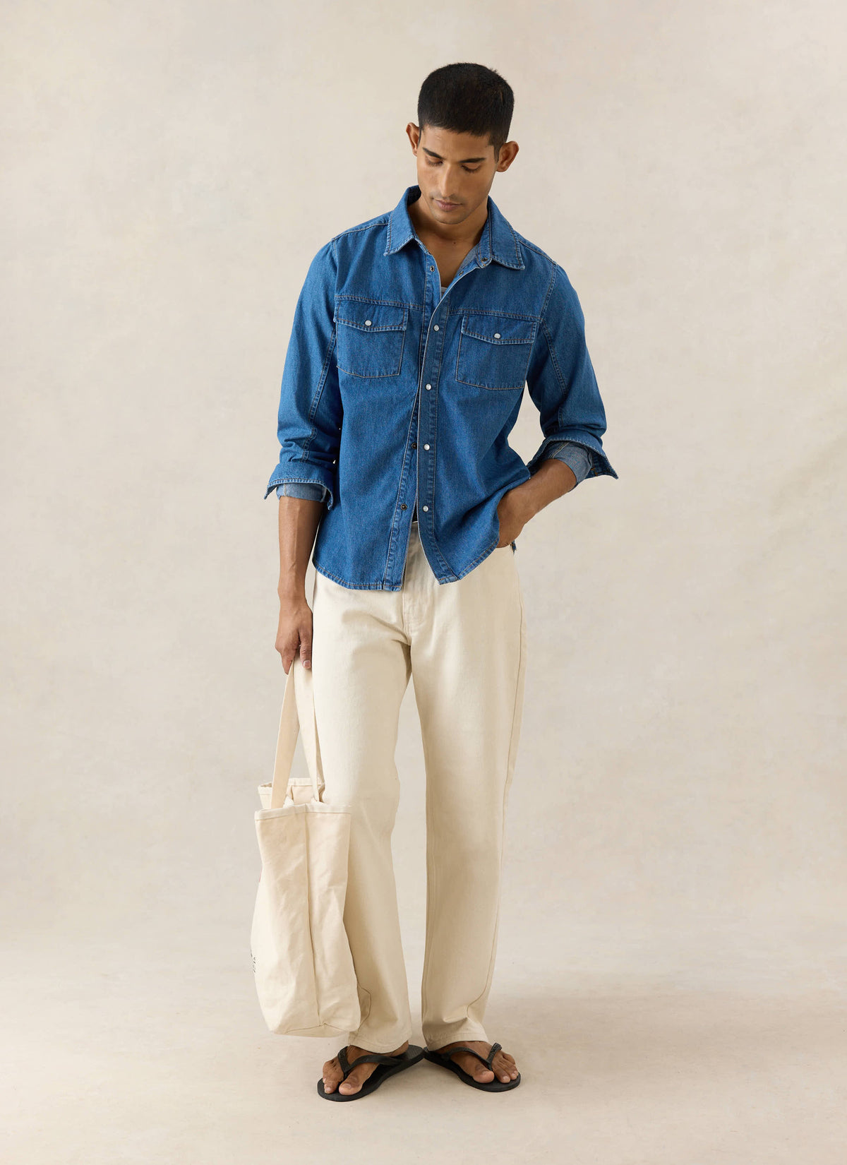 Men's Denim Western Shirt - Cotton - Mid Wash Blue | Percival