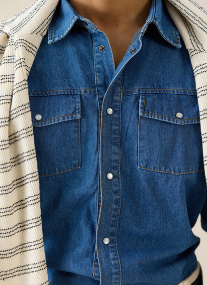 Men's Denim Western Shirt - Cotton - Mid Wash Blue | Percival