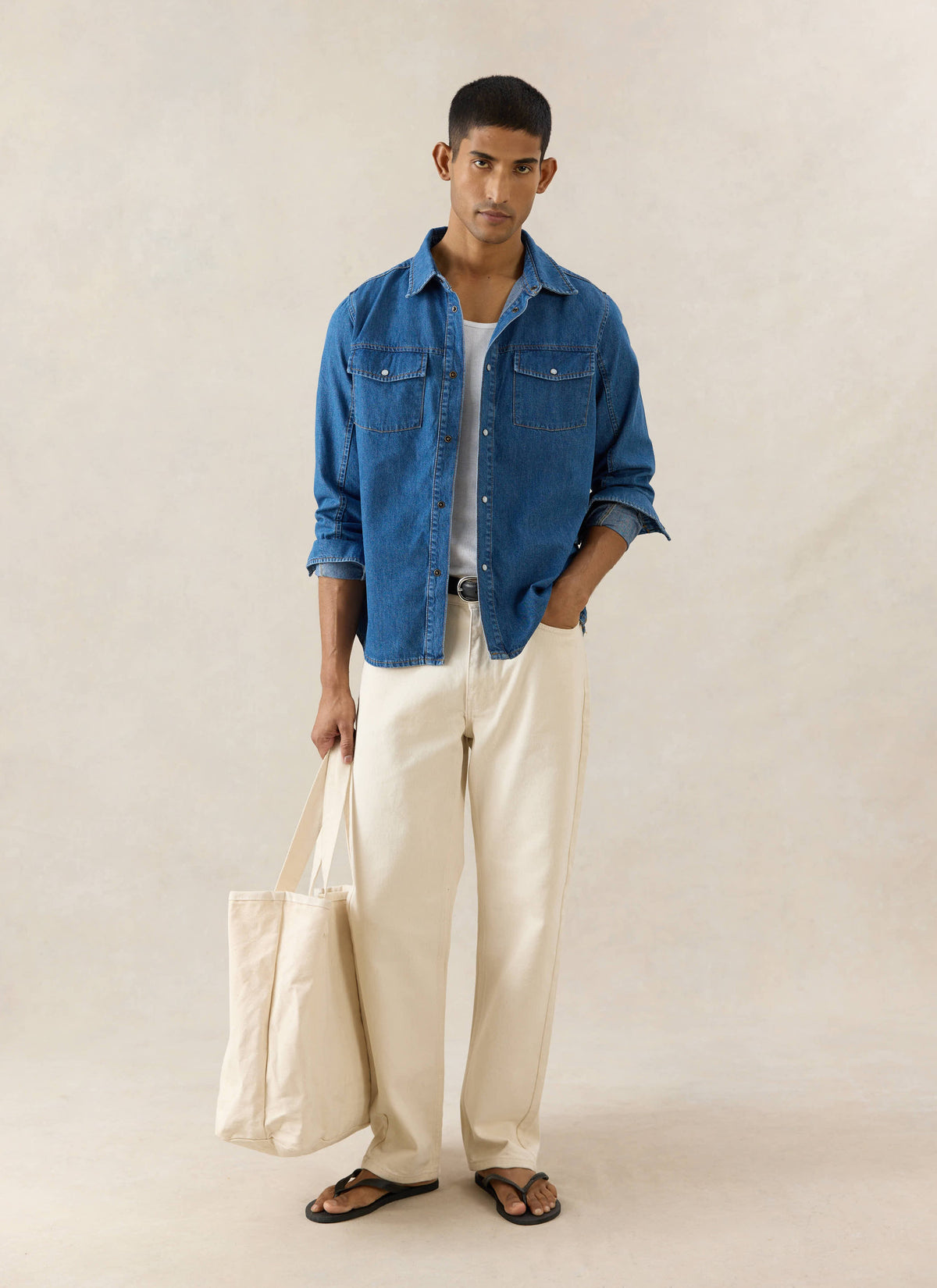 Men's Denim Western Shirt - Cotton - Mid Wash Blue | Percival