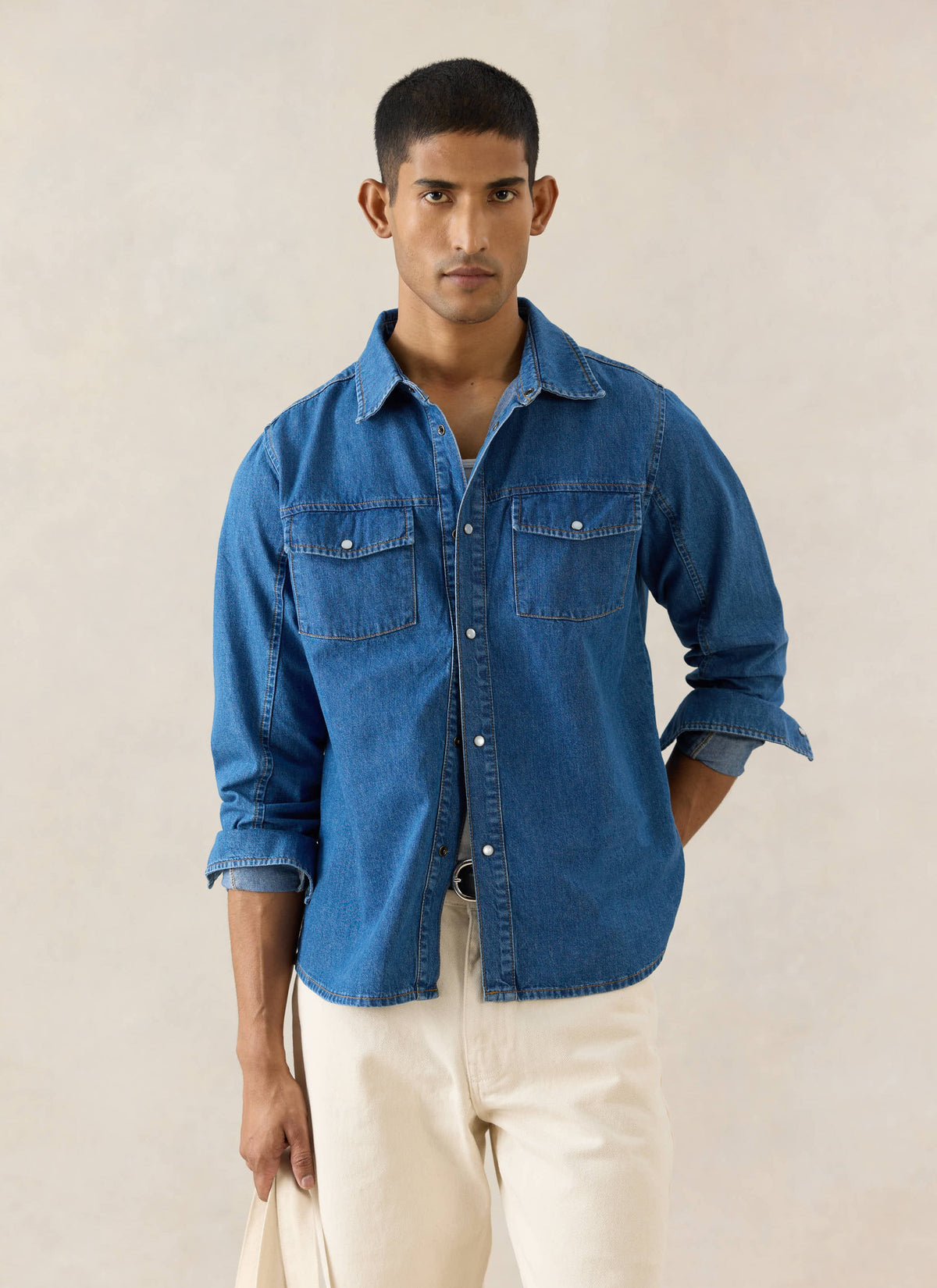 Men's Denim Western Shirt - Cotton - Mid Wash Blue | Percival