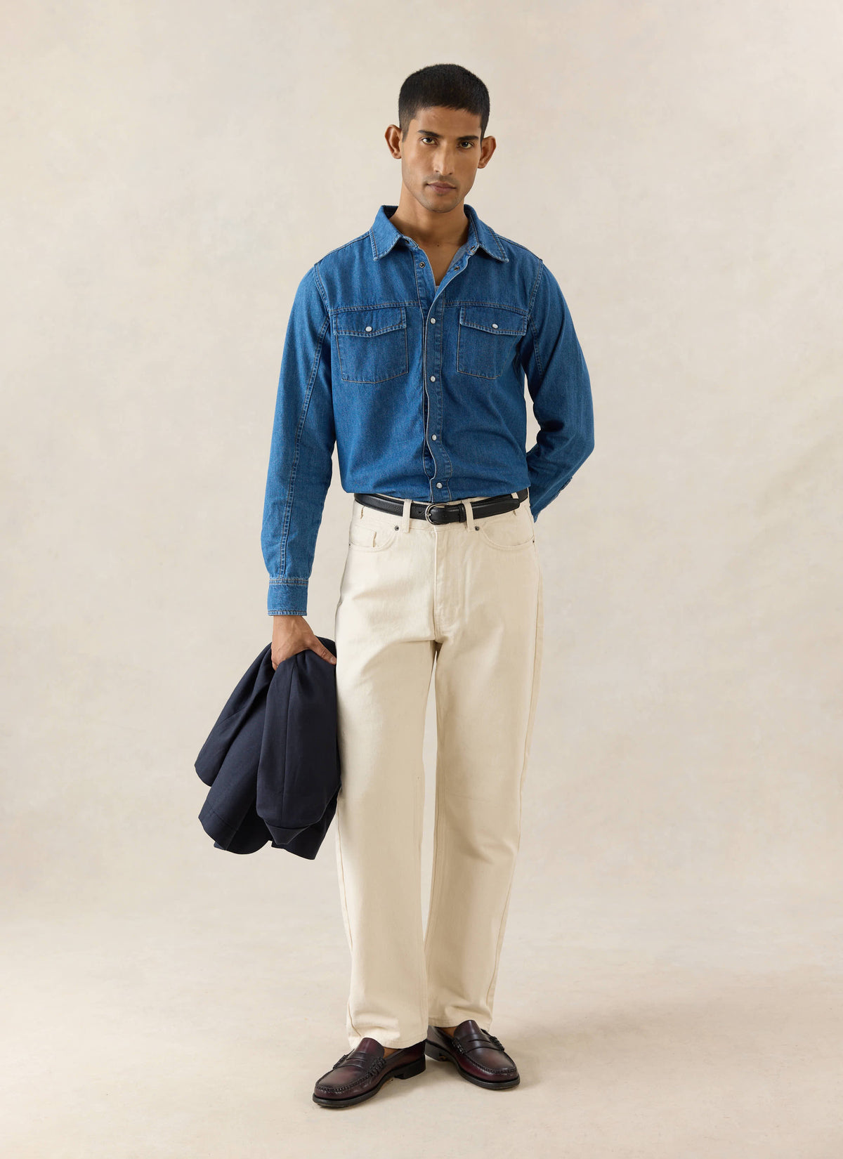 Men's Denim Western Shirt - Cotton - Mid Wash Blue | Percival