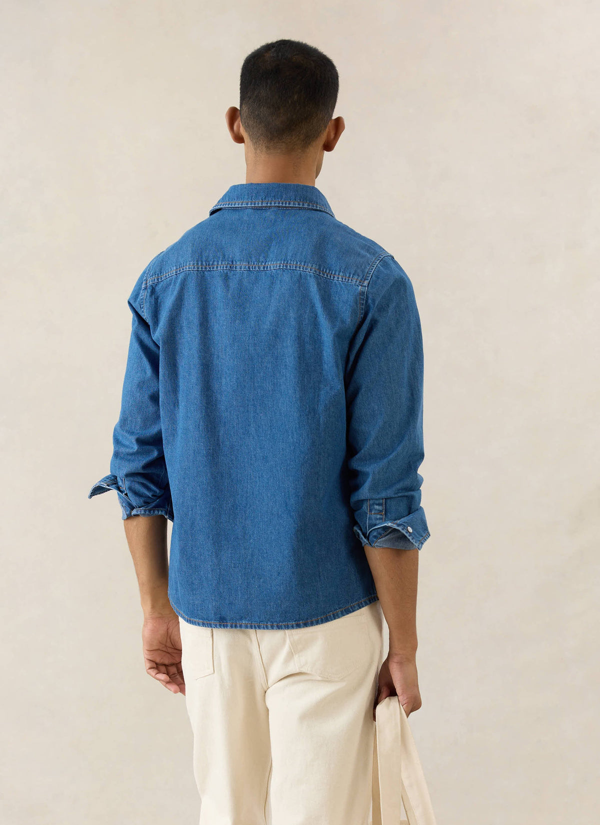 Men's Denim Western Shirt - Cotton - Mid Wash Blue | Percival