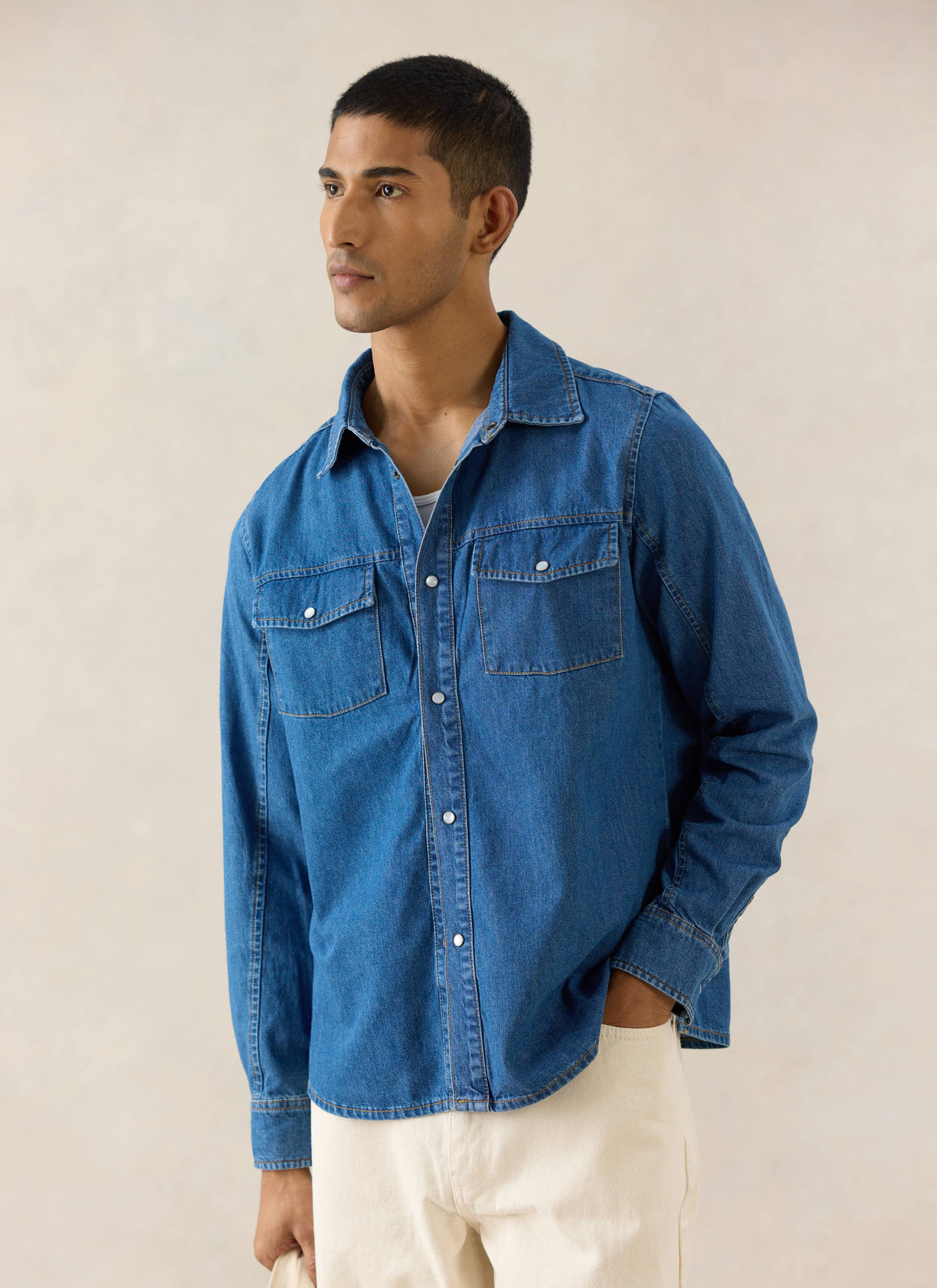 Men's Denim Western Shirt - Cotton - Mid Wash Blue | Percival