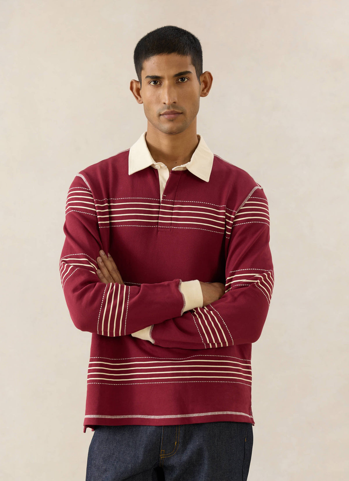 Men's Editor Striped Rugby Polo - Burgundy - 100% Cotton | Percival