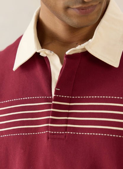 Men's Editor Striped Rugby Polo - Burgundy - 100% Cotton | Percival