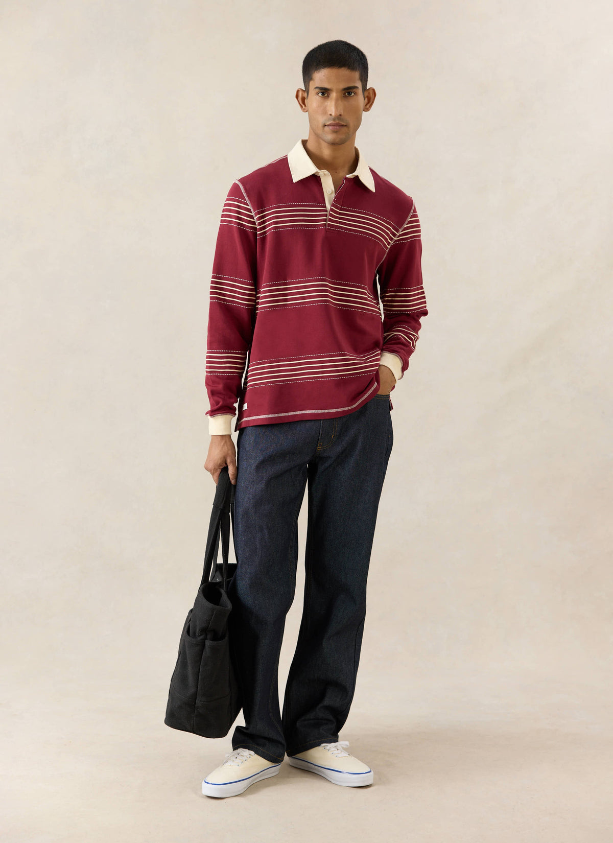 Men's Editor Striped Rugby Polo - Burgundy - 100% Cotton | Percival