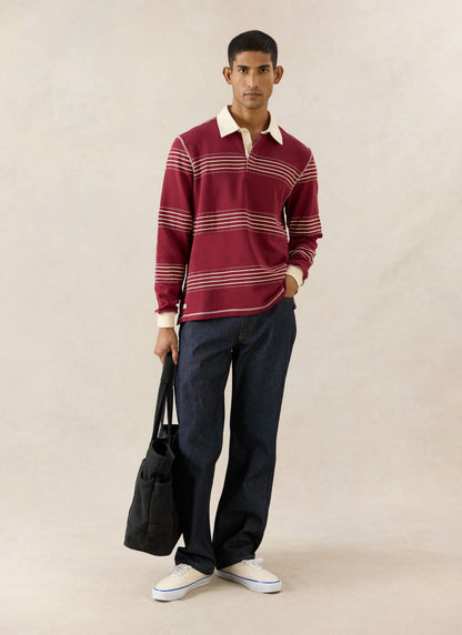 Men's Editor Striped Rugby Polo - Burgundy - 100% Cotton | Percival