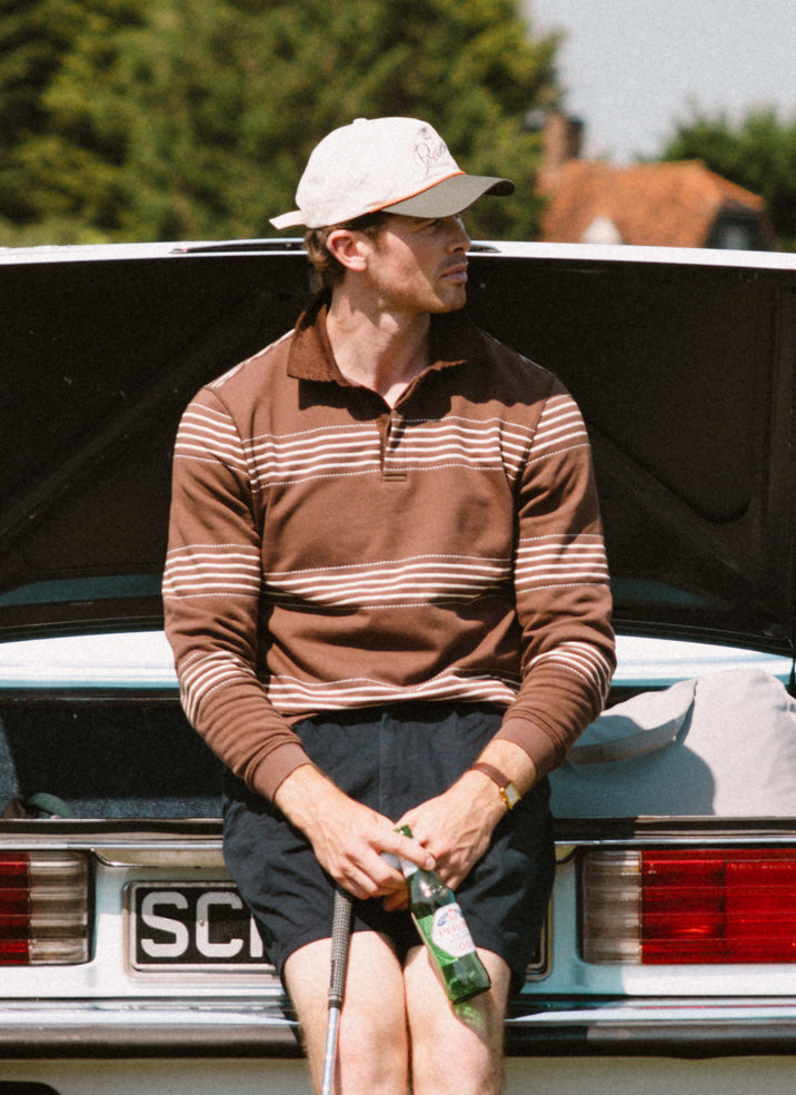 Men's Long Sleeve Rugby Polo Shirt - Cotton - Brown Stripe | Percival