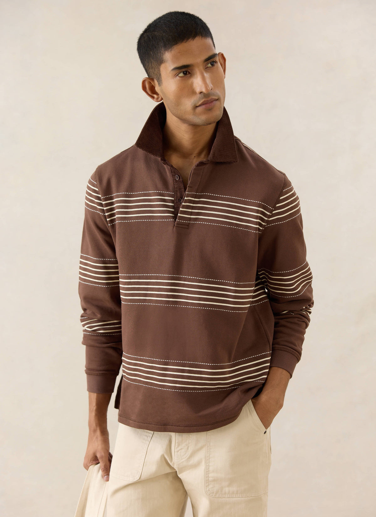 Men's Long Sleeve Rugby Polo Shirt - Cotton - Brown Stripe | Percival