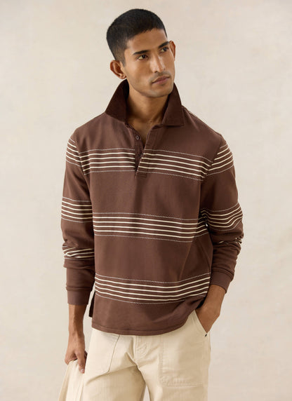 Men's Long Sleeve Rugby Polo Shirt - Cotton - Brown Stripe | Percival