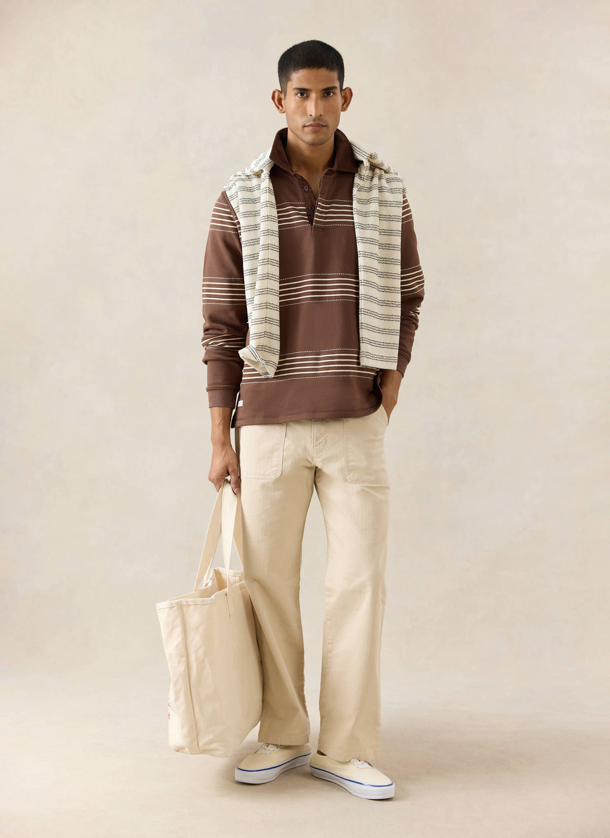 Men's Long Sleeve Rugby Polo Shirt - Cotton - Brown Stripe | Percival