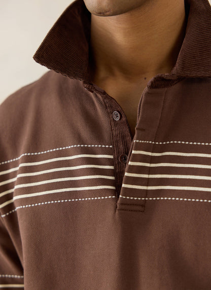 Men's Long Sleeve Rugby Polo Shirt - Cotton - Brown Stripe | Percival